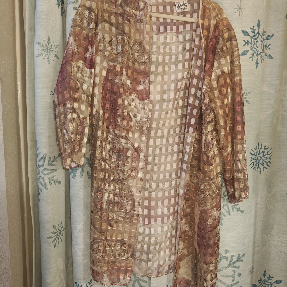 R&M Richards Sheer Open-Front Tunic Jacket in Beige and Rose